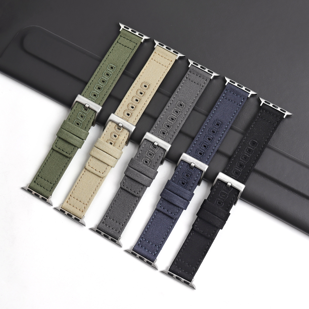 Factory Bulk Custom 2 Piece of Canvas Watch Straps Double Layer Canvas Watch Bands with Embroider Holes Wholesales Quick Release Canvas Watch Bracelet for Apple Watch