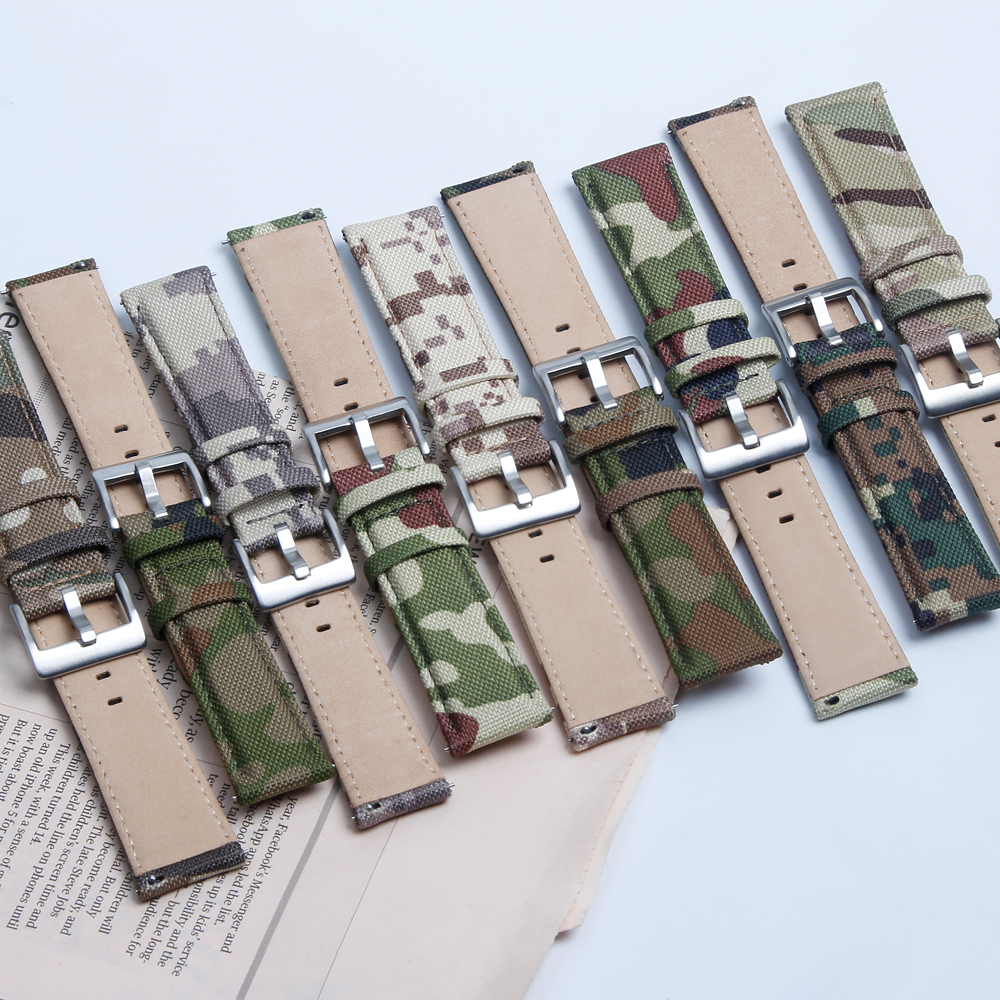 Factory Direct Sales Waterproof Cordura Watch Straps High Quality Camo Sailcloth Watch Band Quick Release 2 Piece of Hybrid Watch Bands Sailcloth+leather