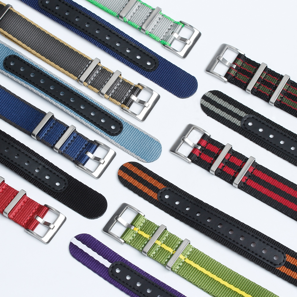 Classic One Piece of Seatbelt Nylon Watch Straps Factory Direct Sales NATO Seatbelt Nylon Wrist Watch Bands with Leather Holes Multi Color Nylon Watch Bands Manufacturer