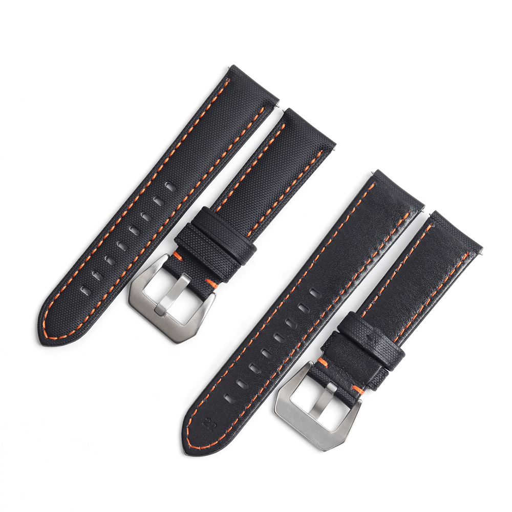 2 Pieces Style Fabric+Leather Hybrid Watch Bands Watch Bracelet In 22mm 24mm 26mm With Brushed 304L SS Heavy Duty Buckle Cordura Watch Straps