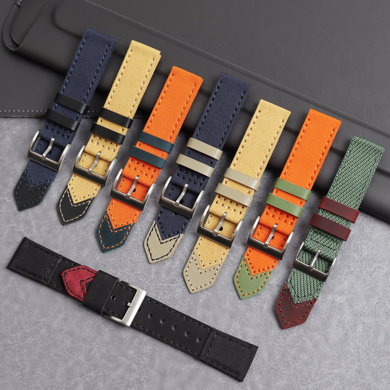 New Arrival 2 Piece of Canvas Watch Straps with Leather end Custom 18mm 20mm 22mm 24mm Canvas+Leather Hybrid Watch Bands with 304 watch buckle