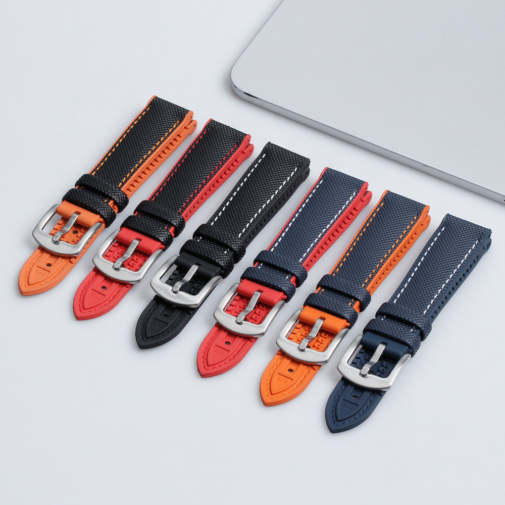 OEM&ODM FKM Rubber + Nylon Watch Straps 20mm 22mm Hybrid Watch Bands High Quality Waterproof Nylon Watch Strap 2 Piece of Rubber Watch Bands