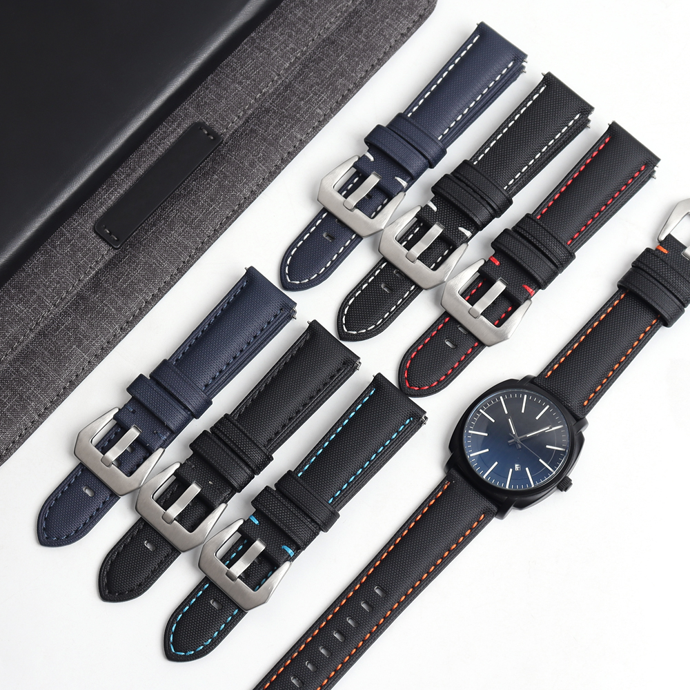 2 Pieces Style Fabric+Leather Hybrid Watch Bands Watch Bracelet In 22mm 24mm 26mm With Brushed 304L SS Heavy Duty Buckle Cordura Watch Straps