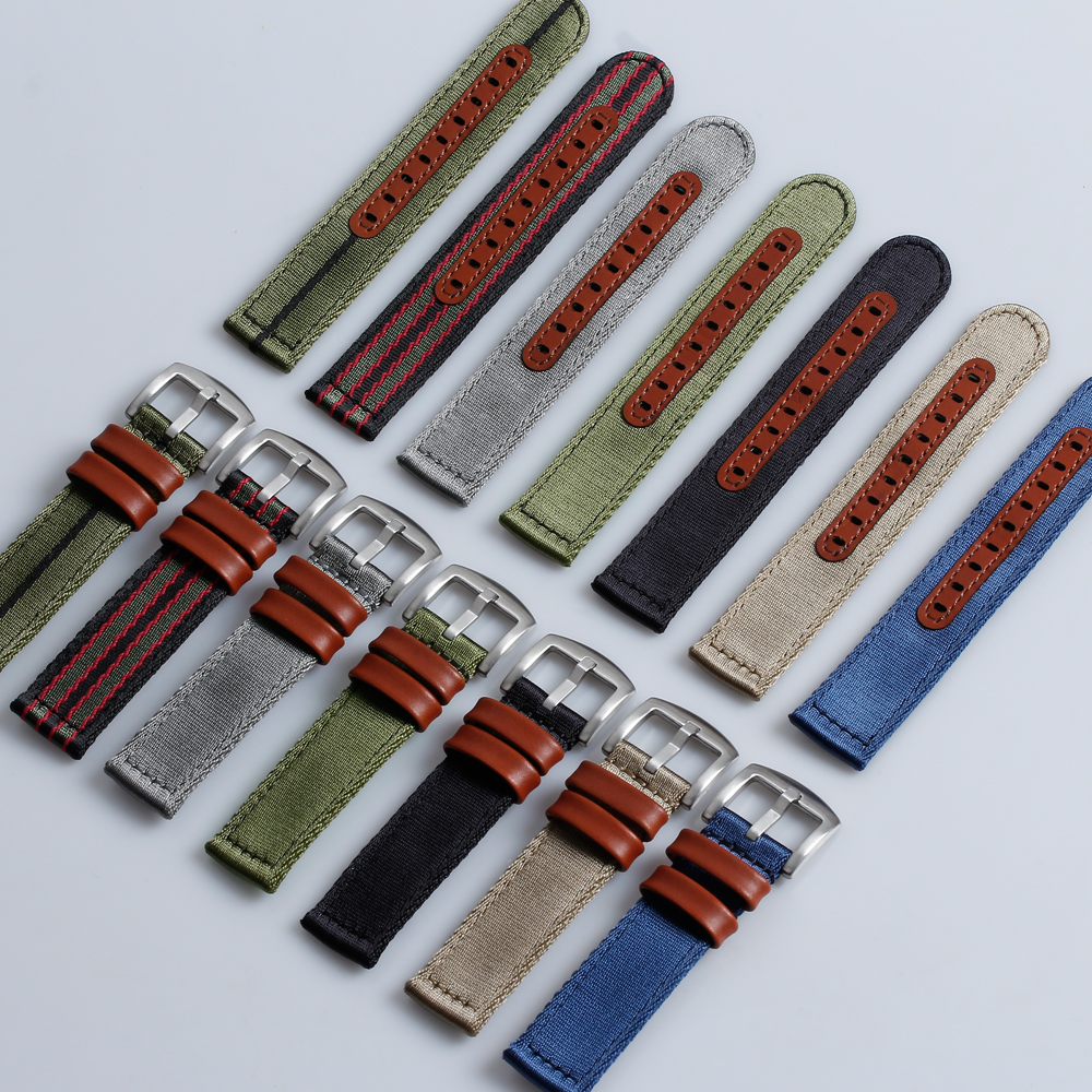 Hot Selling Nylon Watch Strap with Leather Back 2 Piece of Nylon + Leather Watch Bands Factory Bulk Custom Hybrid Watch Bracelet