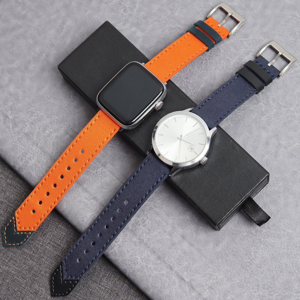 New Arrival 2 Piece of Canvas Watch Straps with Leather end Custom 18mm 20mm 22mm 24mm Canvas+Leather Hybrid Watch Bands with 304 watch buckle