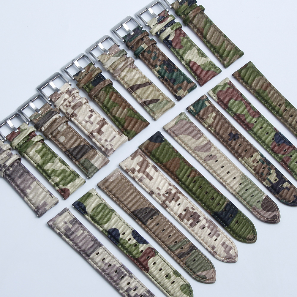 Factory Direct Sales Waterproof Cordura Watch Straps High Quality Camo Sailcloth Watch Band Quick Release 2 Piece of Hybrid Watch Bands Sailcloth+leather