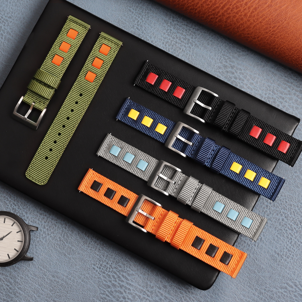 2 Piece of Leather+Nylon Watch Straps Factory Direct Sales Colorful Nylon Watch Bands Quick Release Hybrid Strap for Smart Watch