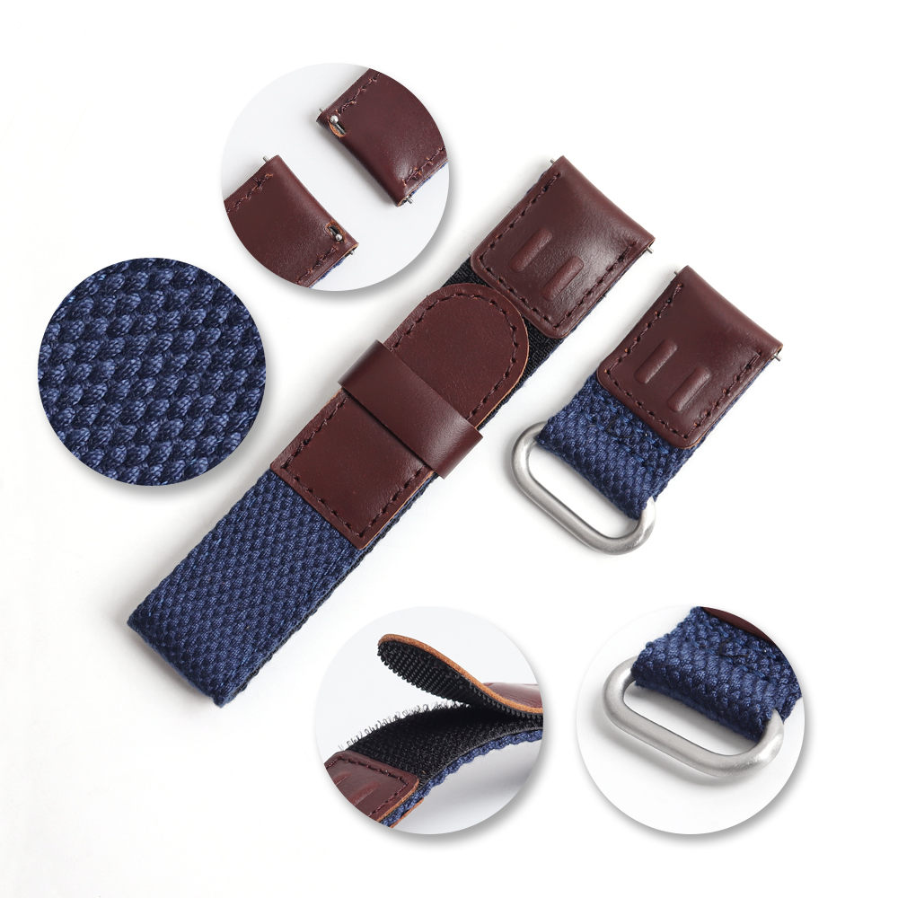 OEM Factory Bulk Custom 2 Piece of Hybrid Watch Strap Quick Release Hook and Loop Watch Bracelet Cotton+leather Velcro Watch Bands for Smart watch
