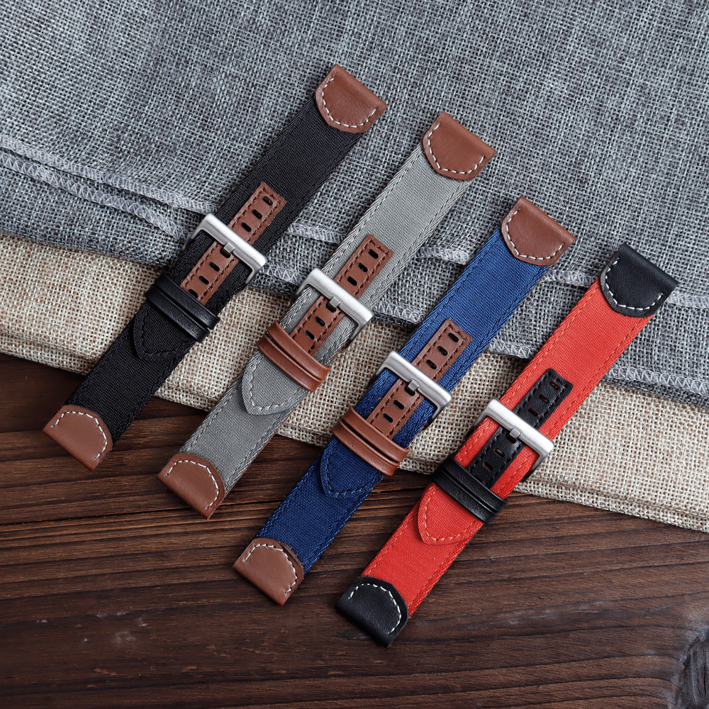 Watch Straps Manufacturer Nylon+Leather Hybrid Watch Bands Bulk Custom 18mm 20mm 22mm 24mm Nylon Watch Straps with Leather Holes