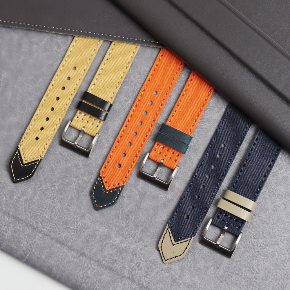 New Arrival 2 Piece of Canvas Watch Straps with Leather end Custom 18mm 20mm 22mm 24mm Canvas+Leather Hybrid Watch Bands with 304 watch buckle