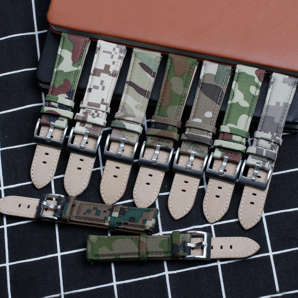 Factory Direct Sales Waterproof Cordura Watch Straps High Quality Camo Sailcloth Watch Band Quick Release 2 Piece of Hybrid Watch Bands Sailcloth+leather