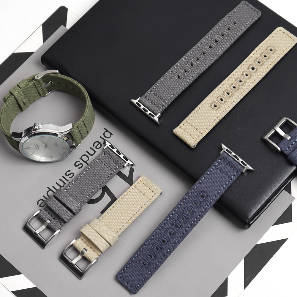 Factory Bulk Custom 2 Piece of Canvas Watch Straps Double Layer Canvas Watch Bands with Embroider Holes Wholesales Quick Release Canvas Watch Bracelet for Apple Watch