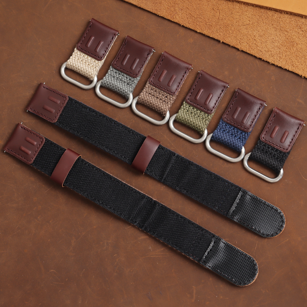 OEM Factory Bulk Custom 2 Piece of Hybrid Watch Strap Quick Release Hook and Loop Watch Bracelet Cotton+leather Velcro Watch Bands for Smart watch