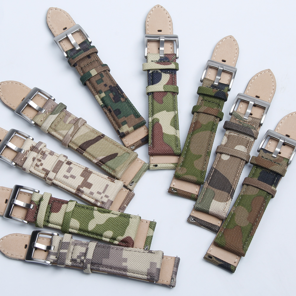 Factory Direct Sales Waterproof Cordura Watch Straps High Quality Camo Sailcloth Watch Band Quick Release 2 Piece of Hybrid Watch Bands Sailcloth+leather