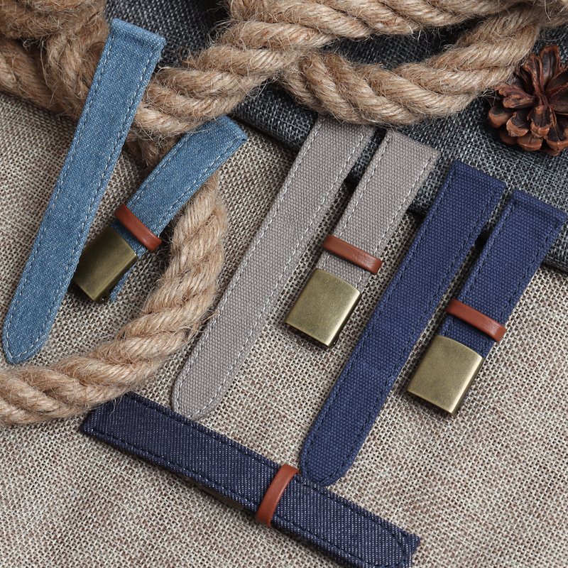 Bulk Custom 2 Piece of Canvas Watch Straps with Deployment Clasp Oxford Cloth Watch Bands with Leather Loops Soft Denim Watch Bracelet