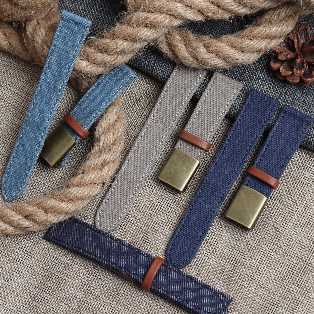 Bulk Custom 2 Piece of Canvas Watch Straps with Deployment Clasp Oxford Cloth Watch Bands with Leather Loops Soft Denim Watch Bracelet