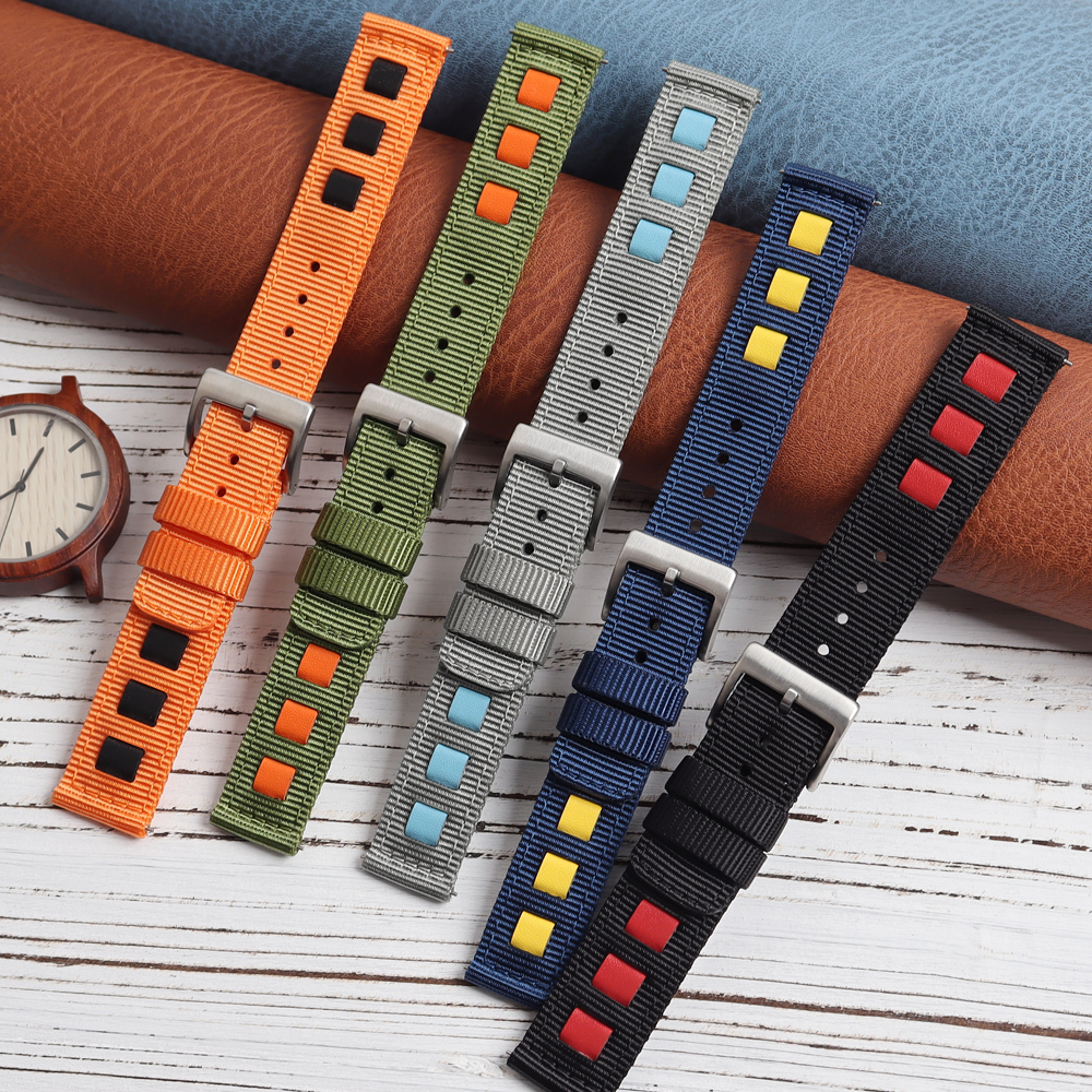 2 Piece of Leather+Nylon Watch Straps Factory Direct Sales Colorful Nylon Watch Bands Quick Release Hybrid Strap for Smart Watch