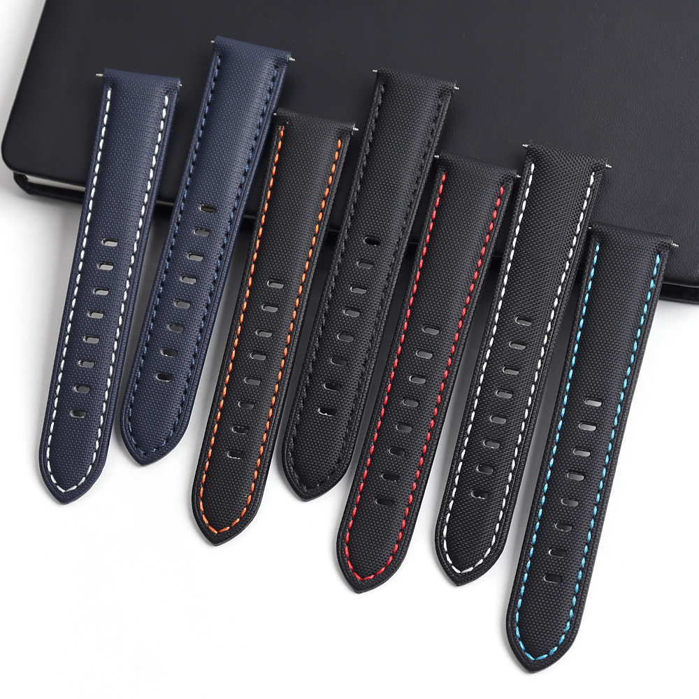 2 Pieces Style Fabric+Leather Hybrid Watch Bands Watch Bracelet In 22mm 24mm 26mm With Brushed 304L SS Heavy Duty Buckle Cordura Watch Straps