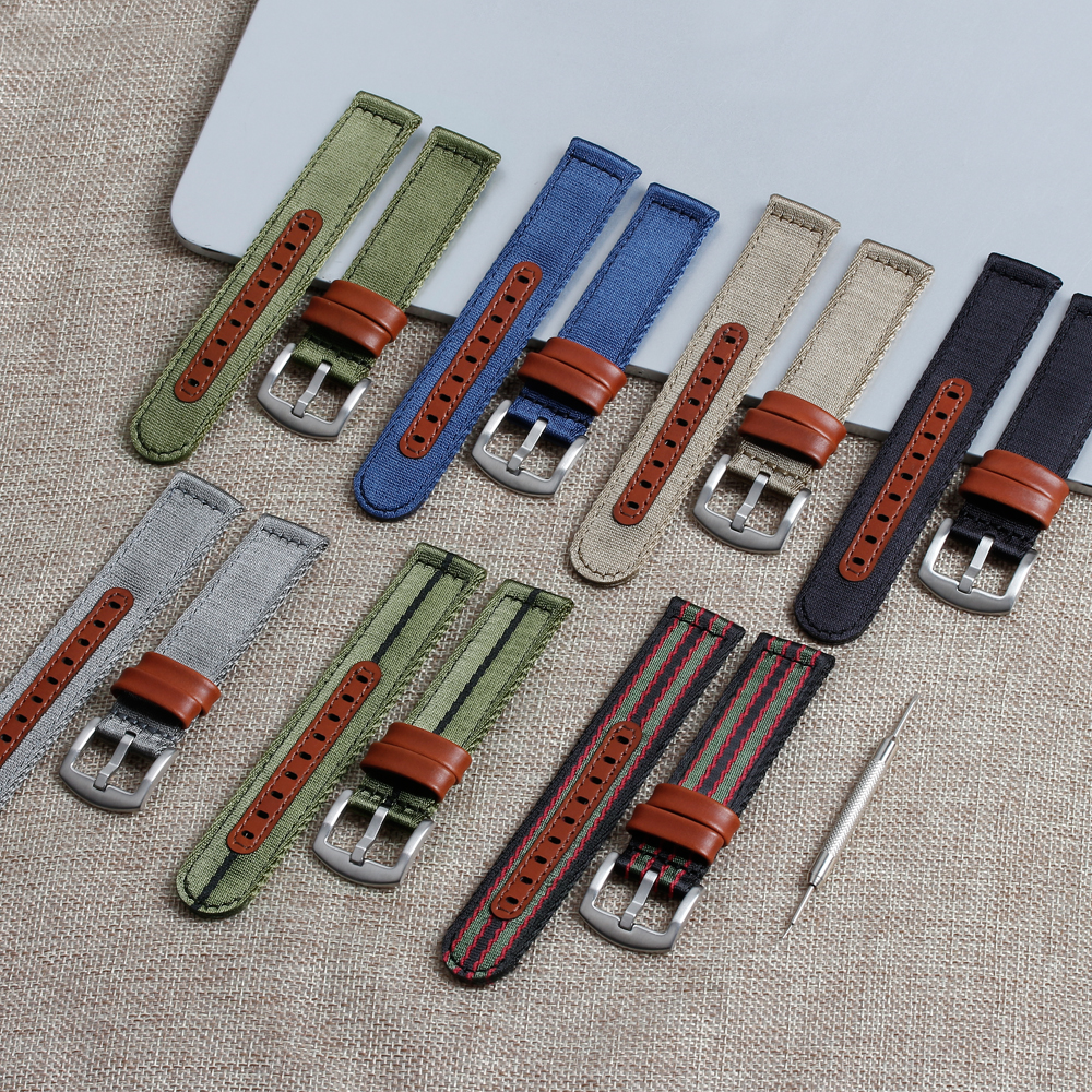 Hot Selling Nylon Watch Strap with Leather Back 2 Piece of Nylon + Leather Watch Bands Factory Bulk Custom Hybrid Watch Bracelet
