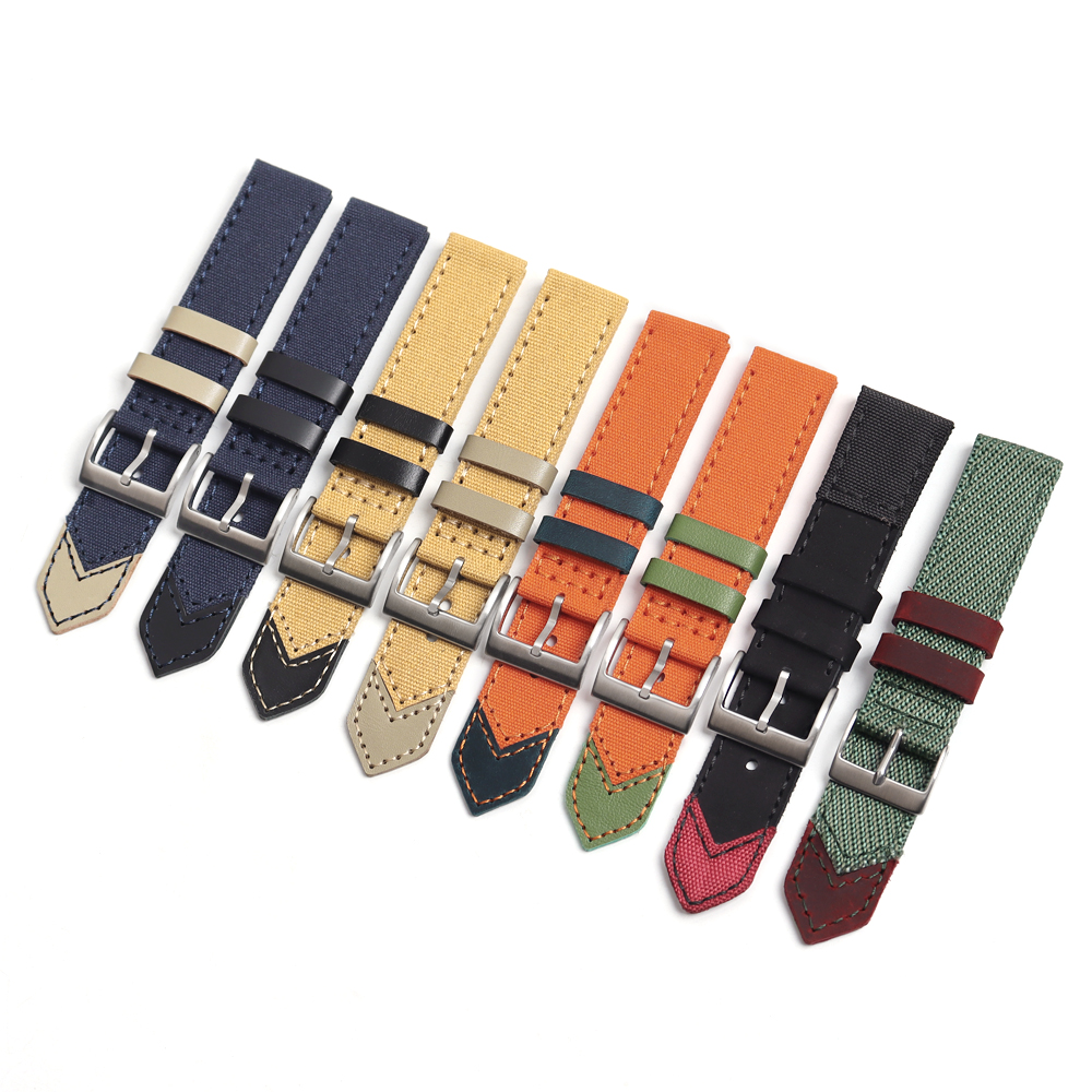 New Arrival 2 Piece of Canvas Watch Straps with Leather end Custom 18mm 20mm 22mm 24mm Canvas+Leather Hybrid Watch Bands with 304 watch buckle