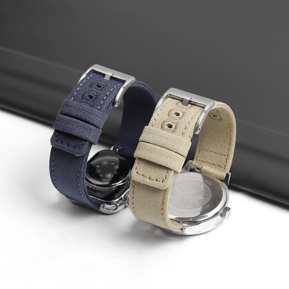 Factory Bulk Custom 2 Piece of Canvas Watch Straps Double Layer Canvas Watch Bands with Embroider Holes Wholesales Quick Release Canvas Watch Bracelet for Apple Watch