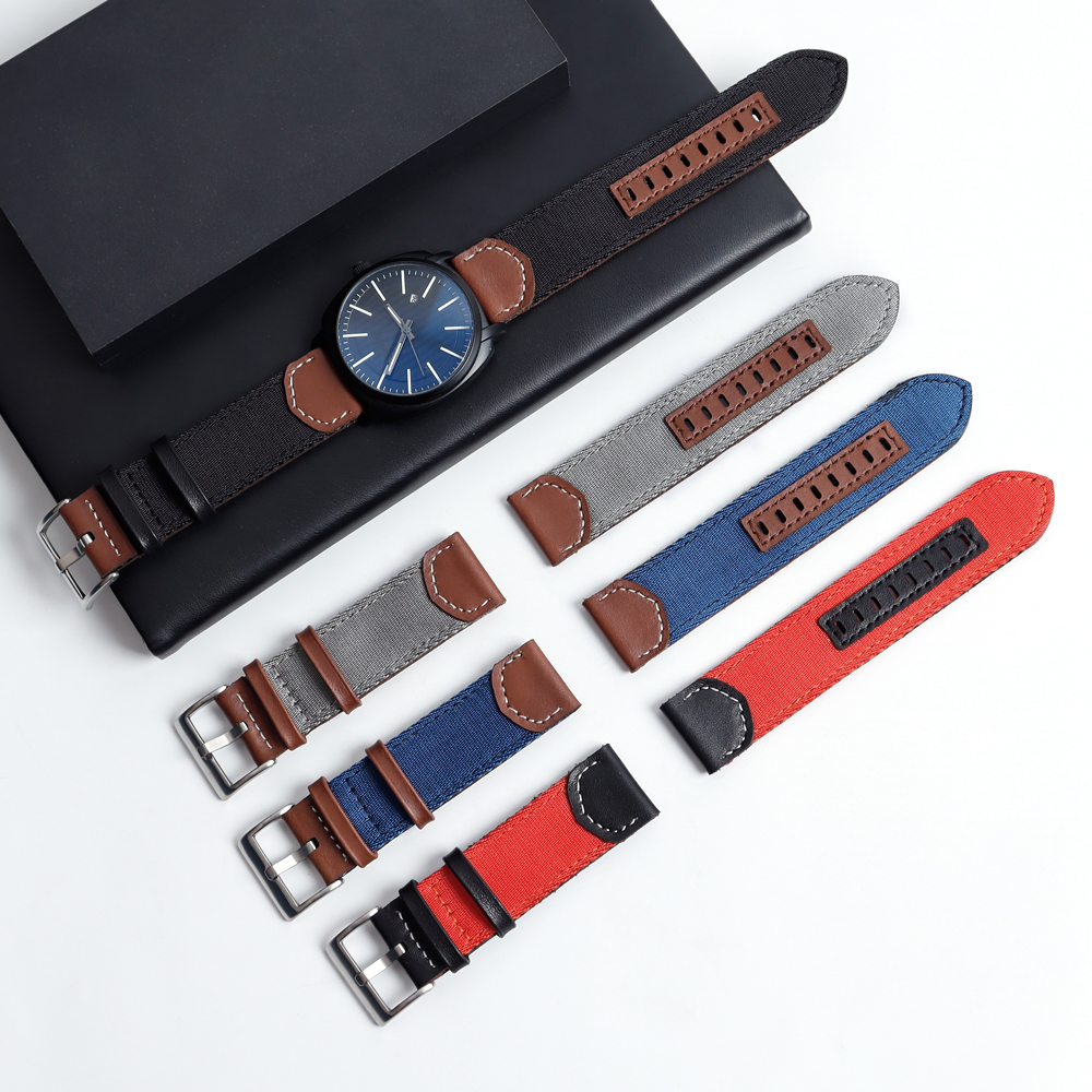 Watch Straps Manufacturer Nylon+Leather Hybrid Watch Bands Bulk Custom 18mm 20mm 22mm 24mm Nylon Watch Straps with Leather Holes