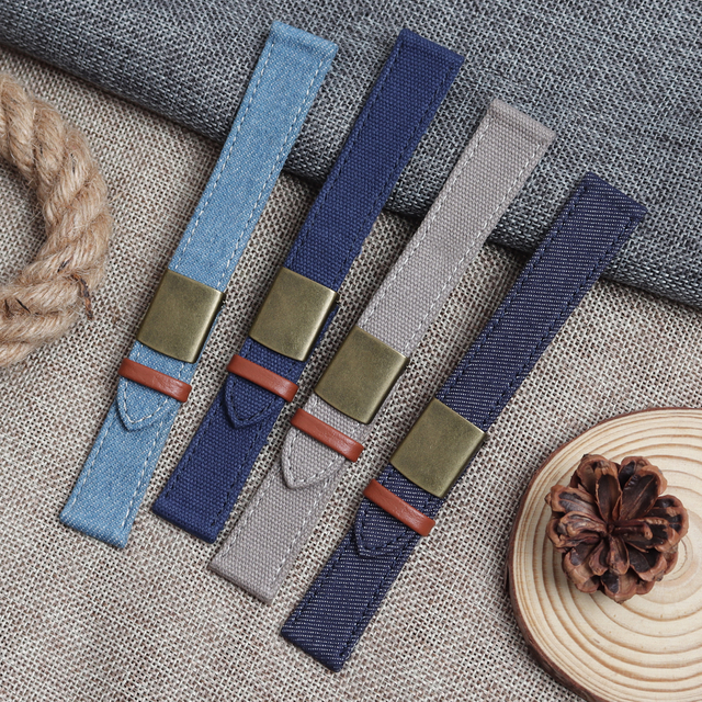 Bulk Custom 2 Piece of Canvas Watch Straps with Deployment Clasp Oxford Cloth Watch Bands with Leather Loops Soft Denim Watch Bracelet