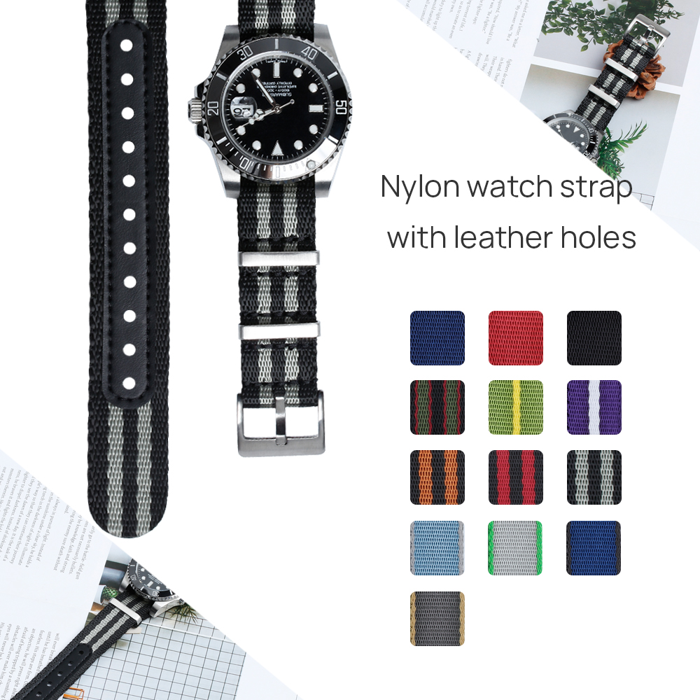 Classic One Piece of Seatbelt Nylon Watch Straps Factory Direct Sales NATO Seatbelt Nylon Wrist Watch Bands with Leather Holes Multi Color Nylon Watch Bands Manufacturer