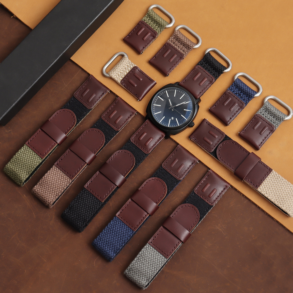 OEM Factory Bulk Custom 2 Piece of Hybrid Watch Strap Quick Release Hook and Loop Watch Bracelet Cotton+leather Velcro Watch Bands for Smart watch