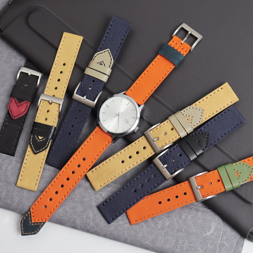 New Arrival 2 Piece of Canvas Watch Straps with Leather end Custom 18mm 20mm 22mm 24mm Canvas+Leather Hybrid Watch Bands with 304 watch buckle