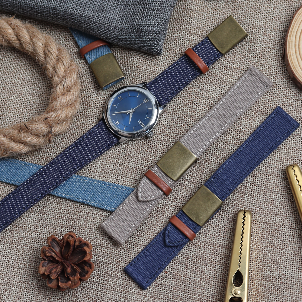 Bulk Custom 2 Piece of Canvas Watch Straps with Deployment Clasp Oxford Cloth Watch Bands with Leather Loops Soft Denim Watch Bracelet