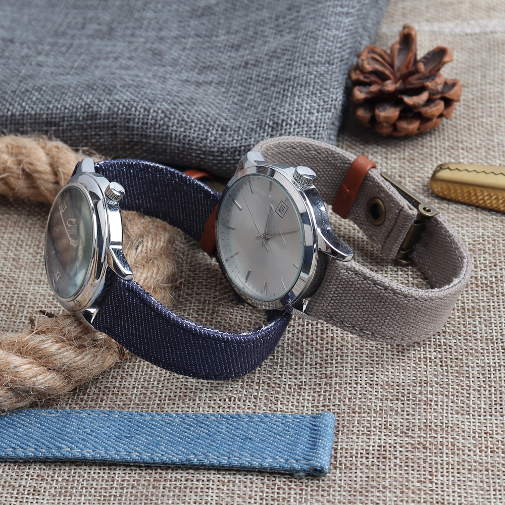 Bulk Custom 2 Piece of Canvas Watch Straps with Deployment Clasp Oxford Cloth Watch Bands with Leather Loops Soft Denim Watch Bracelet
