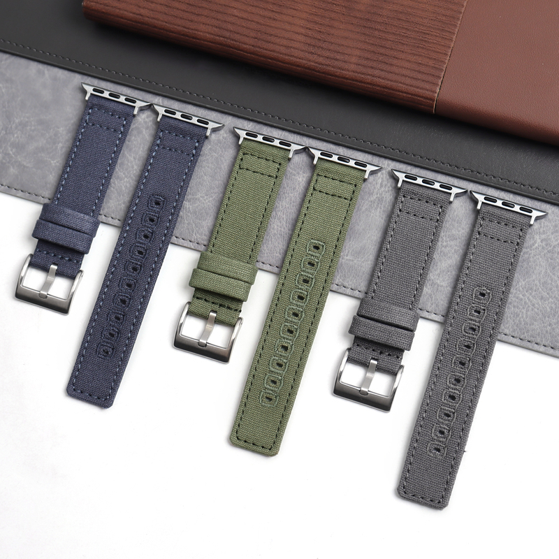 Factory Bulk Custom 2 Piece of Canvas Watch Straps Double Layer Canvas Watch Bands with Embroider Holes Wholesales Quick Release Canvas Watch Bracelet for Apple Watch