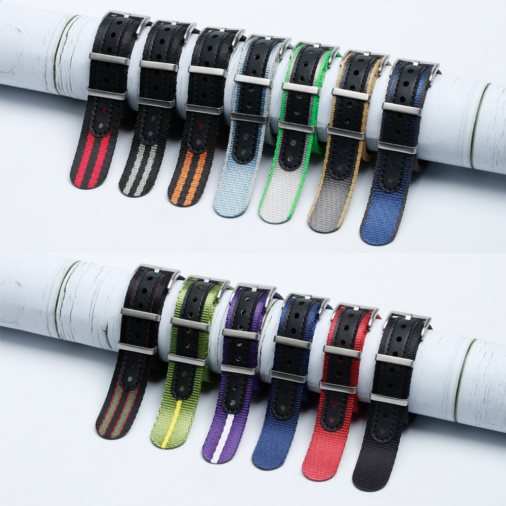 Classic One Piece of Seatbelt Nylon Watch Straps Factory Direct Sales NATO Seatbelt Nylon Wrist Watch Bands with Leather Holes Multi Color Nylon Watch Bands Manufacturer