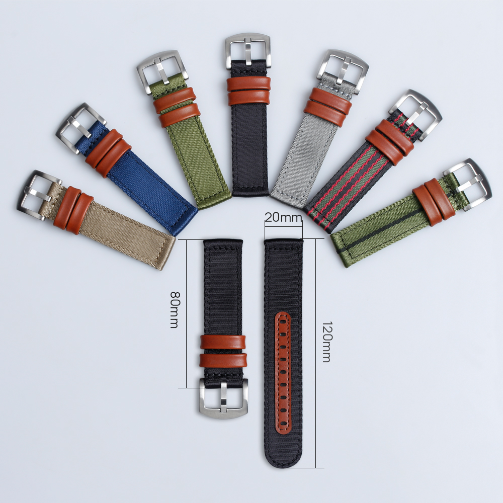 Hot Selling Nylon Watch Strap with Leather Back 2 Piece of Nylon + Leather Watch Bands Factory Bulk Custom Hybrid Watch Bracelet