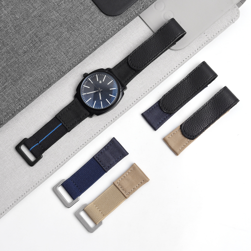 Adjustable Elastic Nylon Velcro Watch Straps 2 Piece of Hook N' Loop Watch Bracelet with Leather Custom Hybrid Watch Bands for All Kind Watch